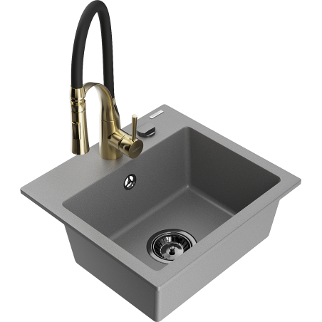 Mexen Milo 1-bowl granite kitchen sink with Aster tap, grey - 6505-71-73450-57-B