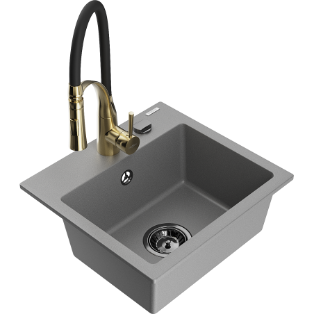 Mexen Milo 1-bowl granite sink with Aster kitchen faucet, gray - 6505-71-73450-57-B