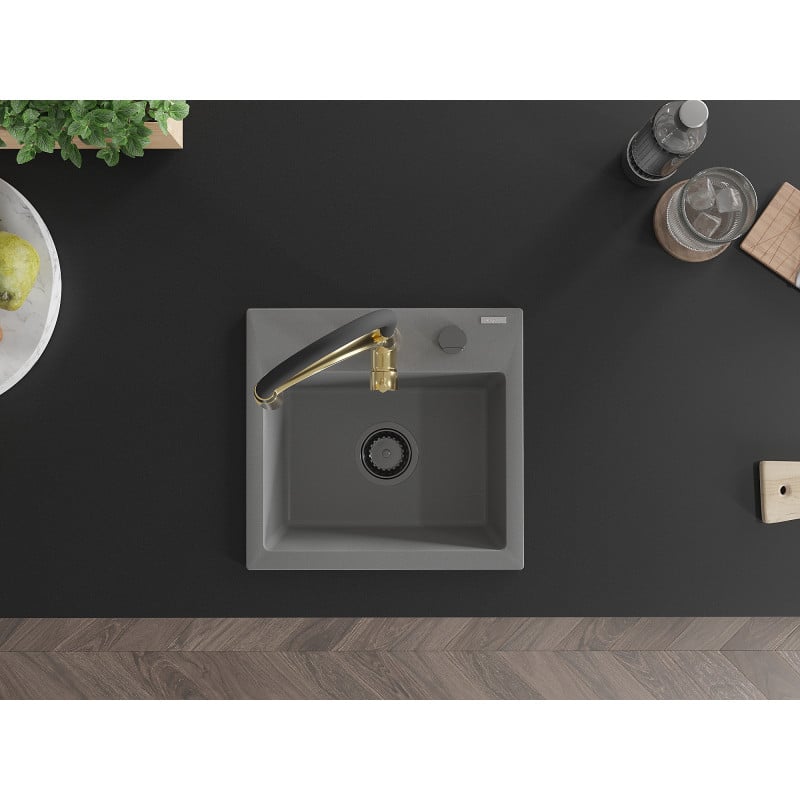 Mexen Milo 1-bowl granite kitchen sink with Aster tap, grey - 6505-71-73450-57-B