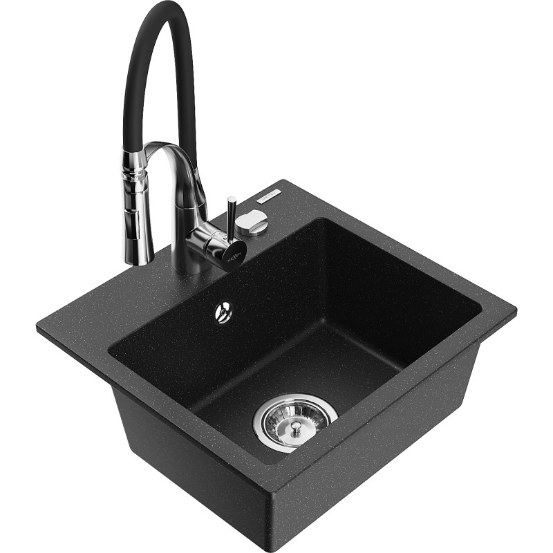 Mexen Milo 1-bowl granite sink with Aster kitchen faucet, black/silver metallic - 6505-73-73450-07