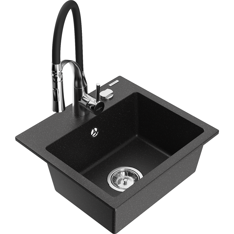 Mexen Milo 1-bowl granite sink with Aster kitchen tap, black/silver metallic - 6505-73-73450-07