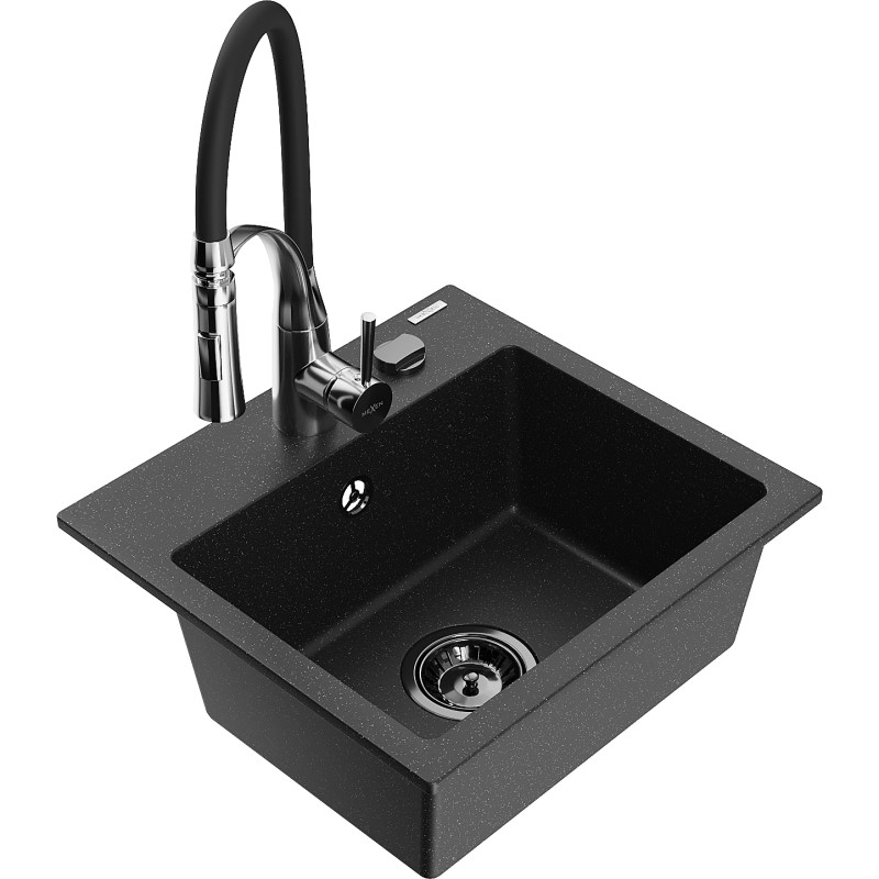 Mexen Milo 1-bowl granite sink with Aster kitchen faucet, black/silver metallic - 6505-73-73450-07-B