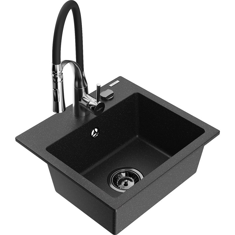 Mexen Milo granite kitchen sink 1-bowl with Aster kitchen tap, black/silver metallic - 6505-73-73450-07-B