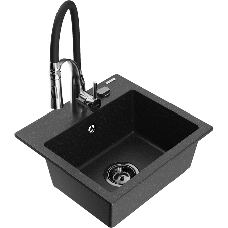 Mexen Milo 1-bowl granite sink with Aster kitchen faucet, black/silver metallic - 6505-73-73450-07-B