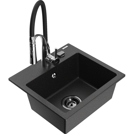 Mexen Milo granite kitchen sink 1-bowl with Aster kitchen faucet, black/silver metallic - 6505-73-73450-07-B
