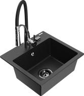 Mexen Milo granite kitchen sink 1-bowl with Aster kitchen tap, black/silver metallic - 6505-73-73450-07-B