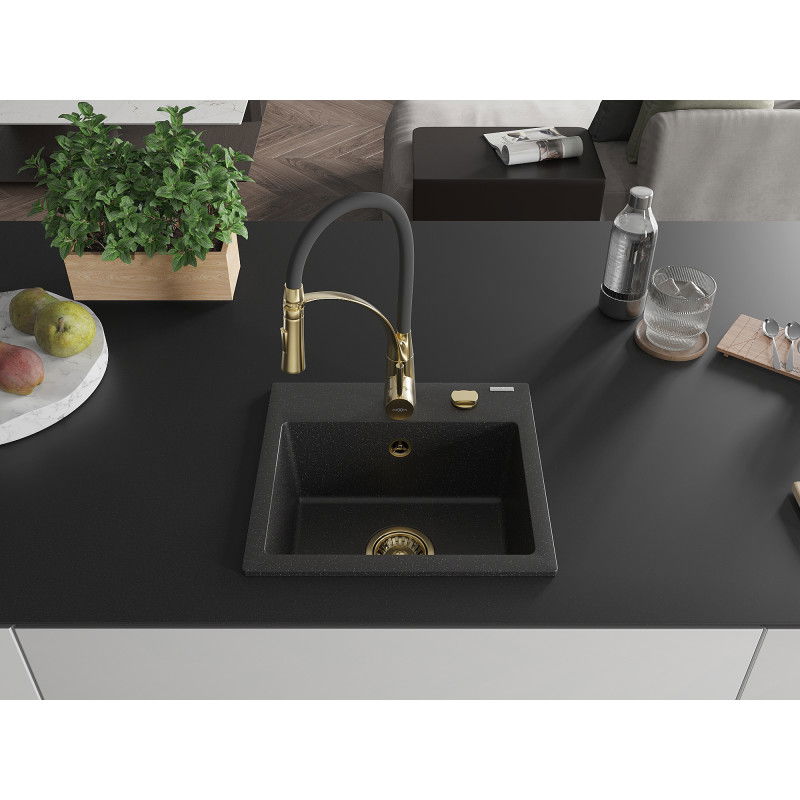 Mexen Milo Granite Kitchen Sink 1-Bowl with Aster Kitchen Tap, Black/Silver Metallic - 6505-73-73450-57-G