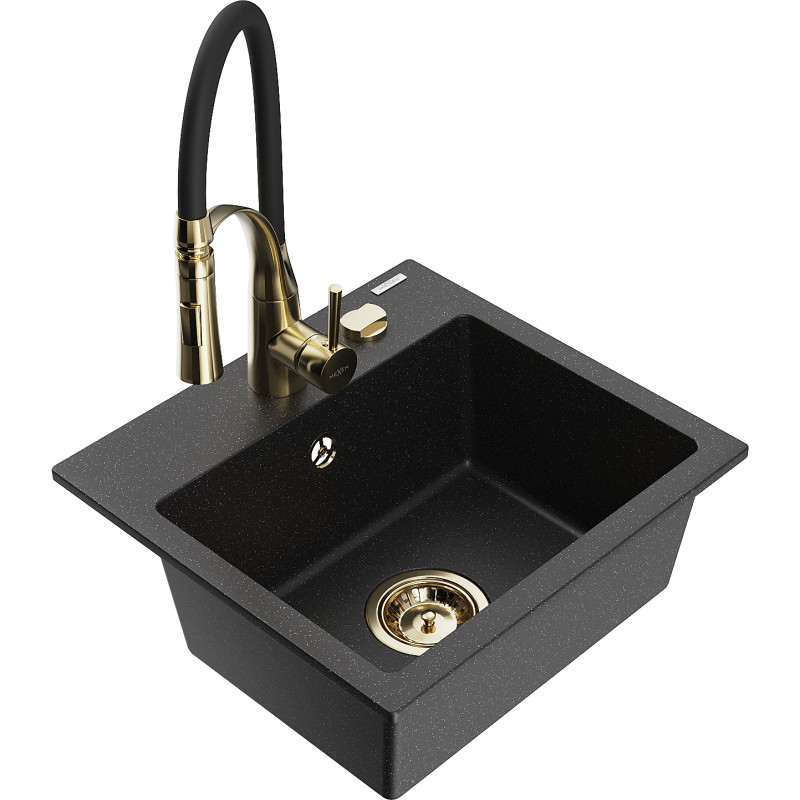 Mexen Milo 1-bowl granite sink with Aster kitchen faucet, black/silver metallic - 6505-73-73450-57-G