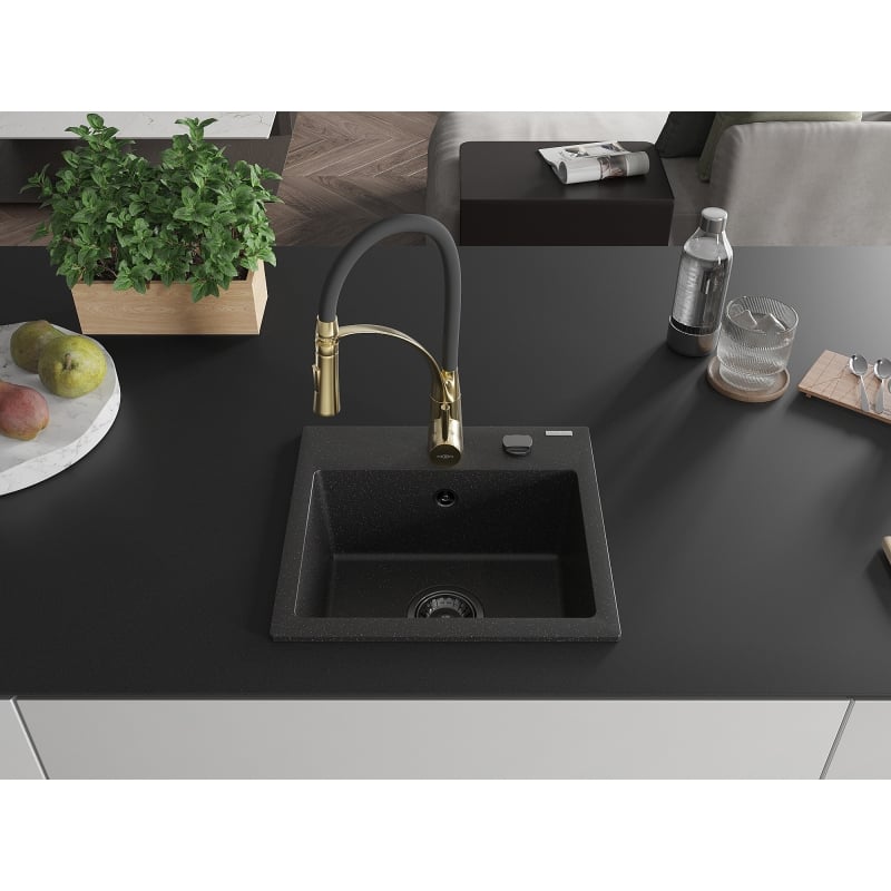 Mexen Milo 1-bowl granite sink with Aster kitchen faucet, black/silver metallic - 6505-73-73450-57-B