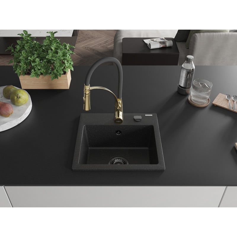 Mexen Milo Granite Kitchen Sink 1-Bowl with Aster Kitchen Faucet, Black/Silver Metallic - 6505-73-73450-57-B