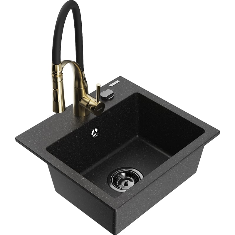 Mexen Milo 1-bowl granite sink with Aster kitchen faucet, black/silver metallic - 6505-73-73450-57-B