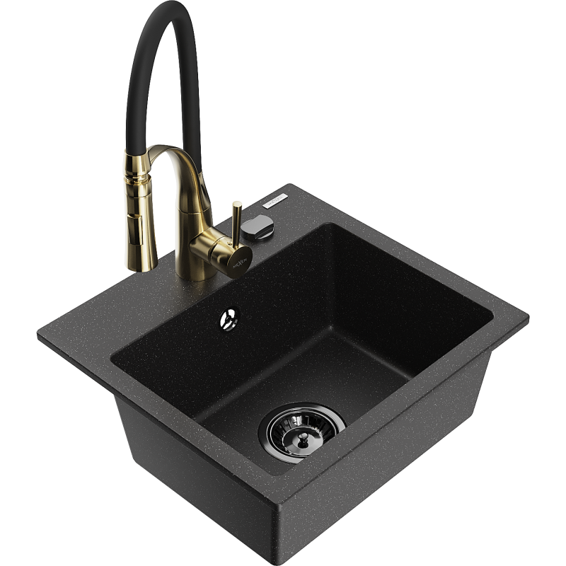 Mexen Milo Granite Kitchen Sink 1-Bowl with Aster Kitchen Faucet, Black/Silver Metallic - 6505-73-73450-57-B