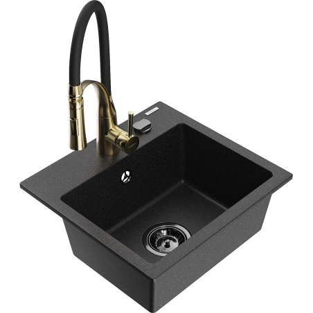 Mexen Milo 1-bowl granite sink with Aster kitchen faucet, black/silver metallic - 6505-73-73450-57-B