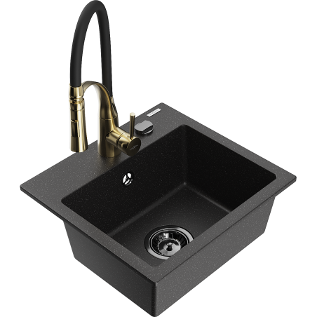 Mexen Milo Granite Kitchen Sink 1-Bowl with Aster Kitchen Faucet, Black/Silver Metallic - 6505-73-73450-57-B