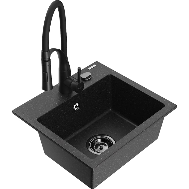 Mexen Milo granite kitchen sink 1-bowl with kitchen faucet Aster, black/silver metallic - 6505-73-73450-70-B