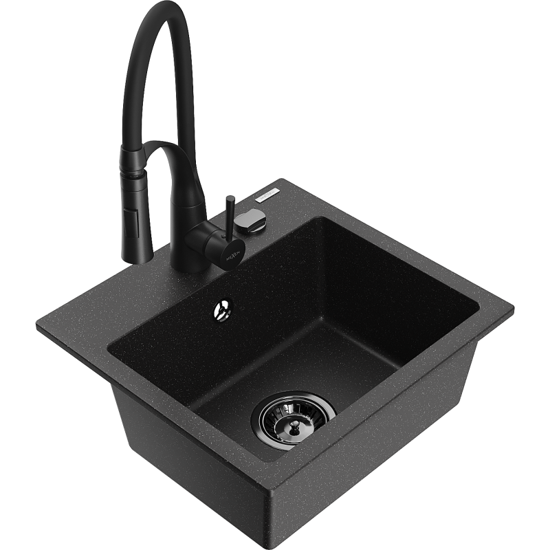 Mexen Milo granite sink single bowl with Aster kitchen tap, black/silver metallic - 6505-73-73450-70-B