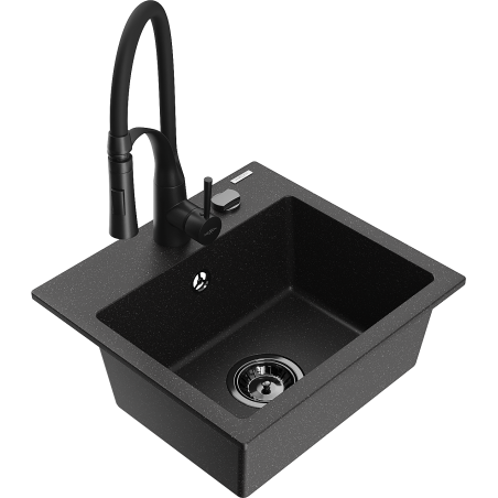 Mexen Milo granite kitchen sink 1-bowl with kitchen faucet Aster, black/silver metallic - 6505-73-73450-70-B