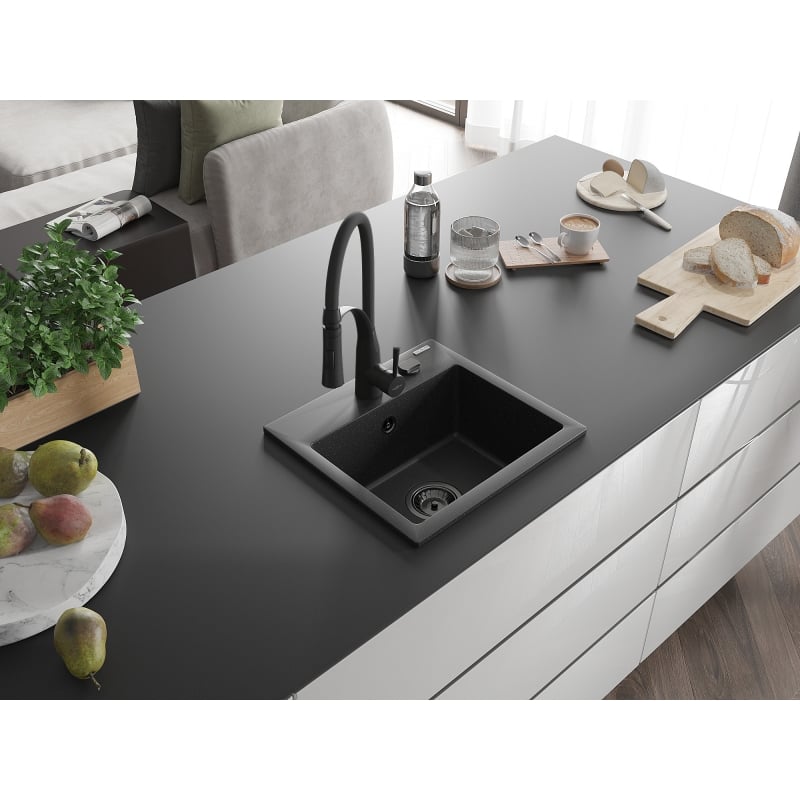Mexen Milo granite kitchen sink 1-bowl with kitchen faucet Aster, black/silver metallic - 6505-73-73450-70-B