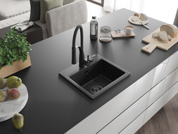 Mexen Milo granite sink single bowl with Aster kitchen tap, black/silver metallic - 6505-73-73450-70-B