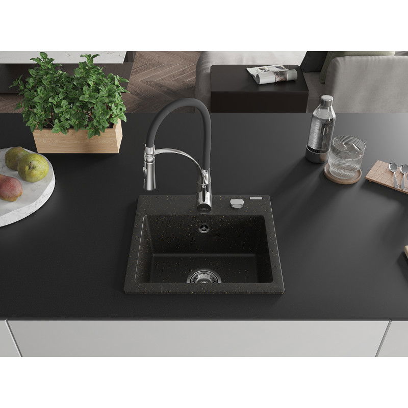 Mexen Milo granite sink 1-bowl with Aster kitchen tap, black/gold metallic - 6505-75-73450-07