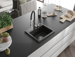 Mexen Milo granite sink 1-bowl with Aster kitchen tap, black/gold metallic - 6505-75-73450-07