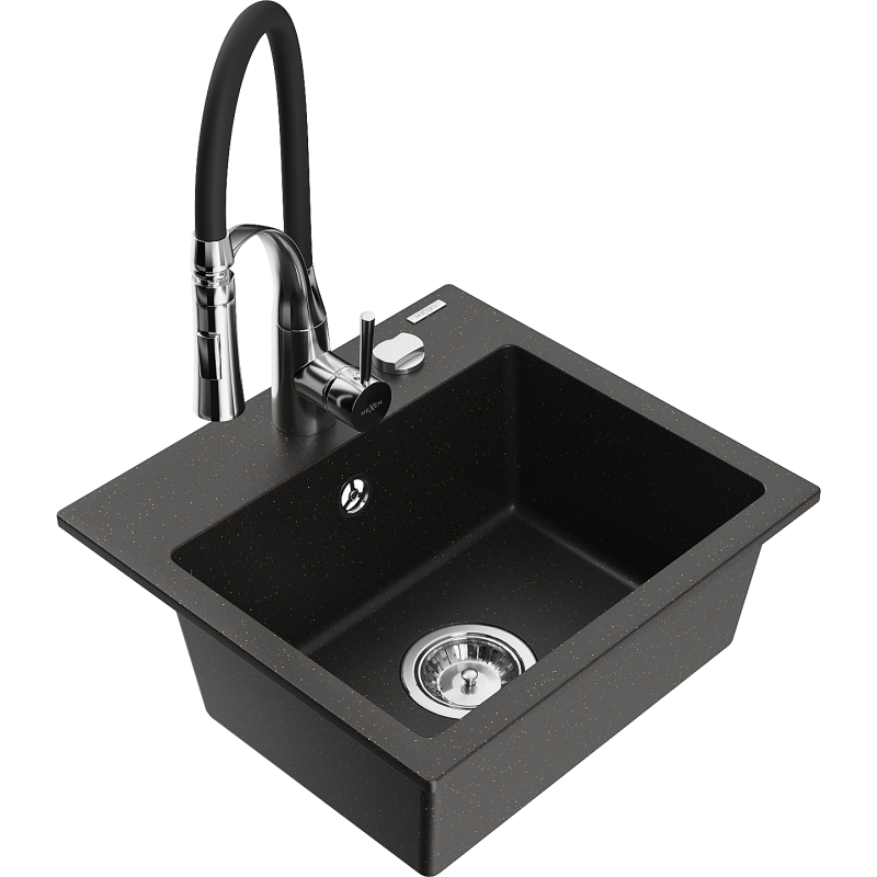 Mexen Milo granite sink 1-bowl with Aster kitchen tap, black/gold metallic - 6505-75-73450-07