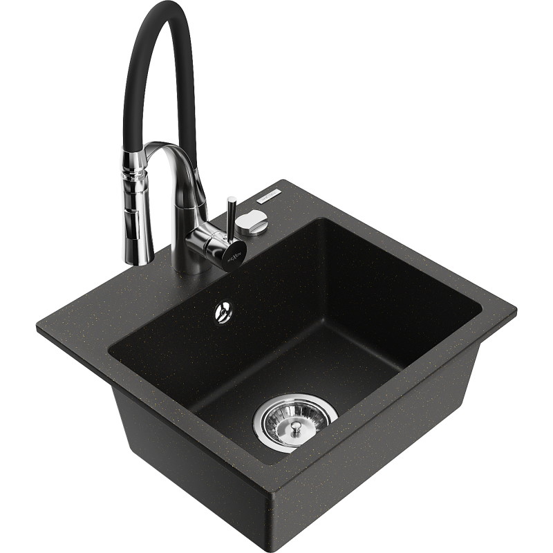 Mexen Milo single-bowl granite kitchen sink with Aster kitchen faucet, black/gold metallic - 6505-75-73450-07