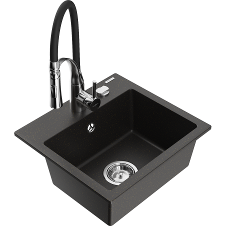 Mexen Milo granite sink 1-bowl with Aster kitchen tap, black/gold metallic - 6505-75-73450-07
