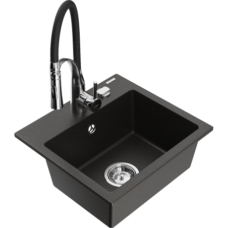 Mexen Milo single-bowl granite kitchen sink with Aster kitchen faucet, black/gold metallic - 6505-75-73450-07
