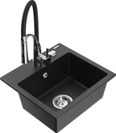Mexen Milo granite sink 1-bowl with Aster kitchen tap, black/gold metallic - 6505-75-73450-07