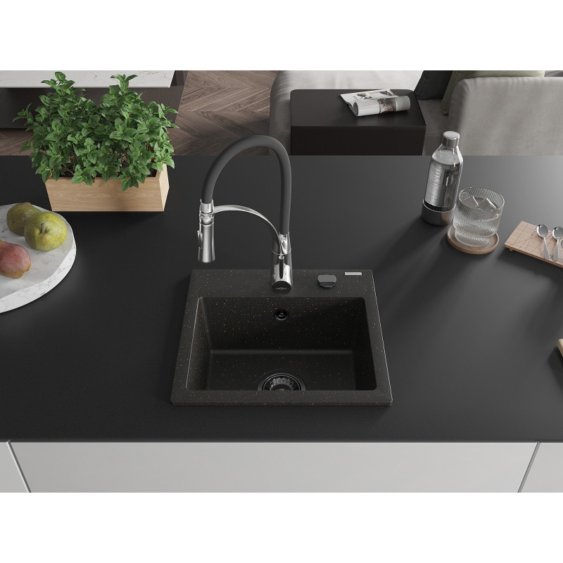 Mexen Milo 1-bowl granite sink with Aster kitchen faucet, black/gold metallic - 6505-75-73450-07-B