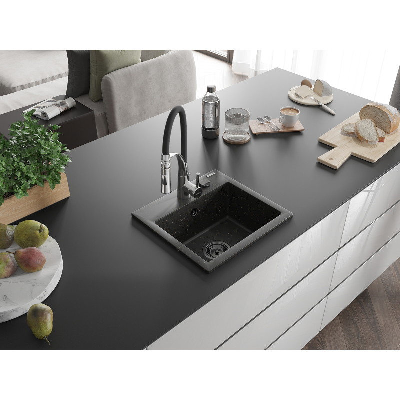 Mexen Milo 1-bowl granite sink with Aster kitchen faucet, black/gold metallic - 6505-75-73450-07-B