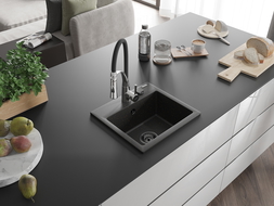 Mexen Milo 1-bowl granite sink with Aster kitchen tap, black/gold metallic - 6505-75-73450-07-B