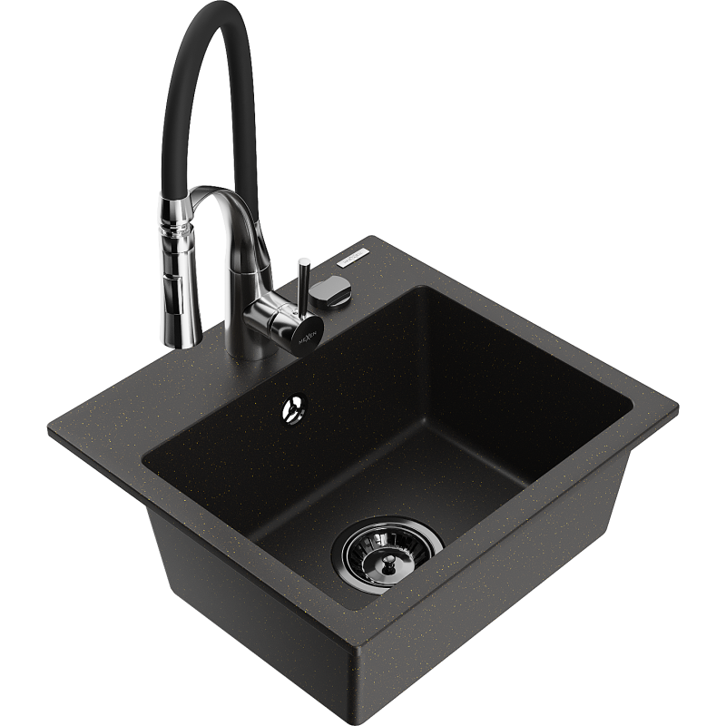 Mexen Milo 1-bowl granite sink with Aster kitchen tap, black/gold metallic - 6505-75-73450-07-B