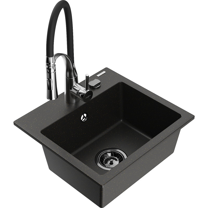 Mexen Milo granite kitchen sink 1-bowl with Aster kitchen faucet, black/gold metallic - 6505-75-73450-07-B