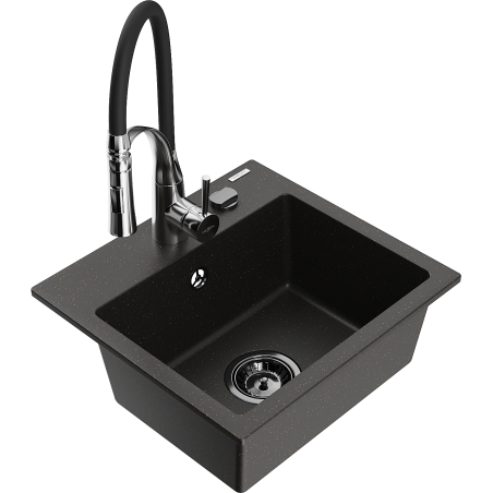 Mexen Milo 1-bowl granite sink with Aster kitchen faucet, black/gold metallic - 6505-75-73450-07-B