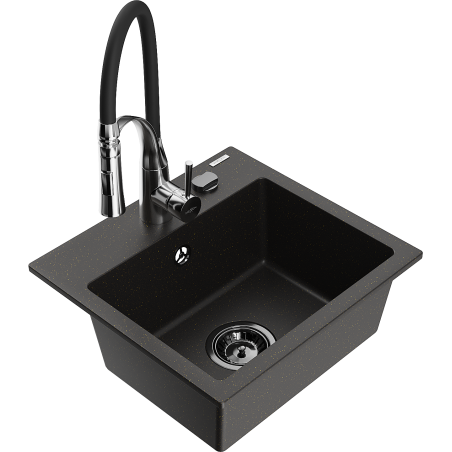 Mexen Milo 1-bowl granite sink with Aster kitchen tap, black/gold metallic - 6505-75-73450-07-B
