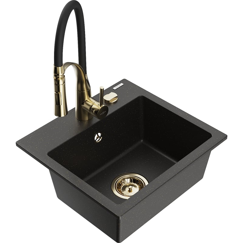 Mexen Milo 1-bowl granite kitchen sink with Aster faucet, black/golden metallic - 6505-75-73450-57-G