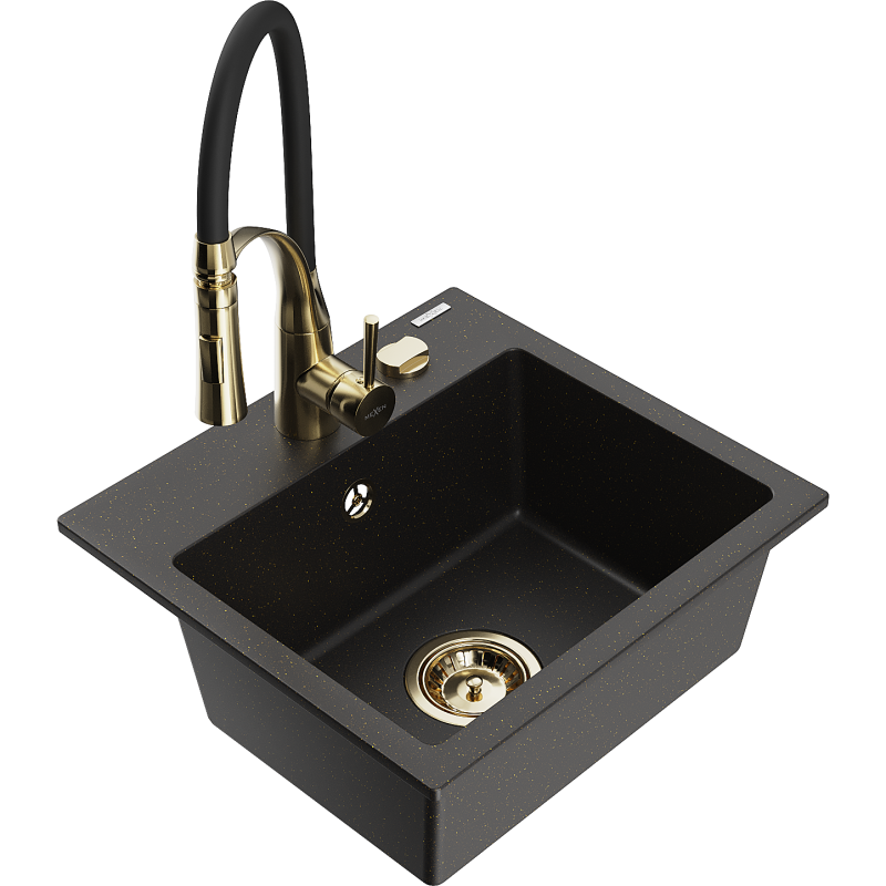 Mexen Milo Granite Sink 1-Bowl with Kitchen Tap Aster, Black/Gold Metallic - 6505-75-73450-57-G