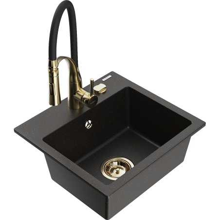 Mexen Milo 1-bowl granite kitchen sink with Aster faucet, black/golden metallic - 6505-75-73450-57-G