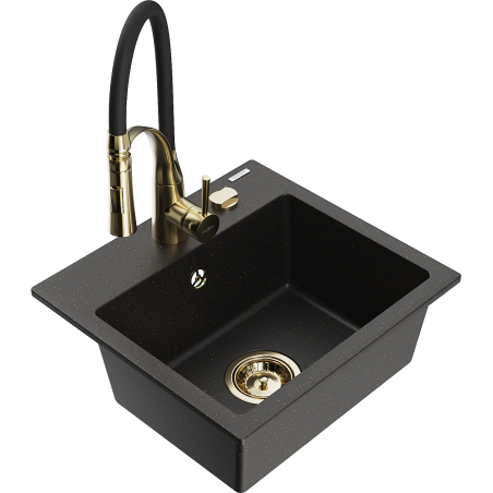 Mexen Milo 1-bowl granite sink with kitchen faucet Aster, black/gold metallic - 6505-75-73450-57-G