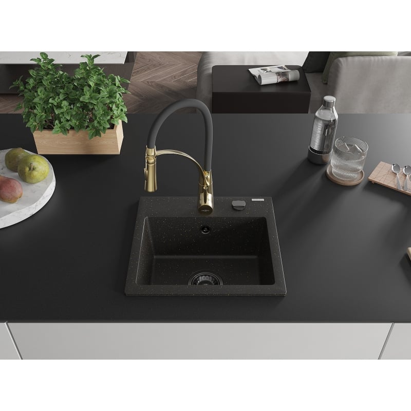 Mexen Milo 1-bowl granite kitchen sink with Aster kitchen faucet, black/gold metallic - 6505-75-73450-57-B