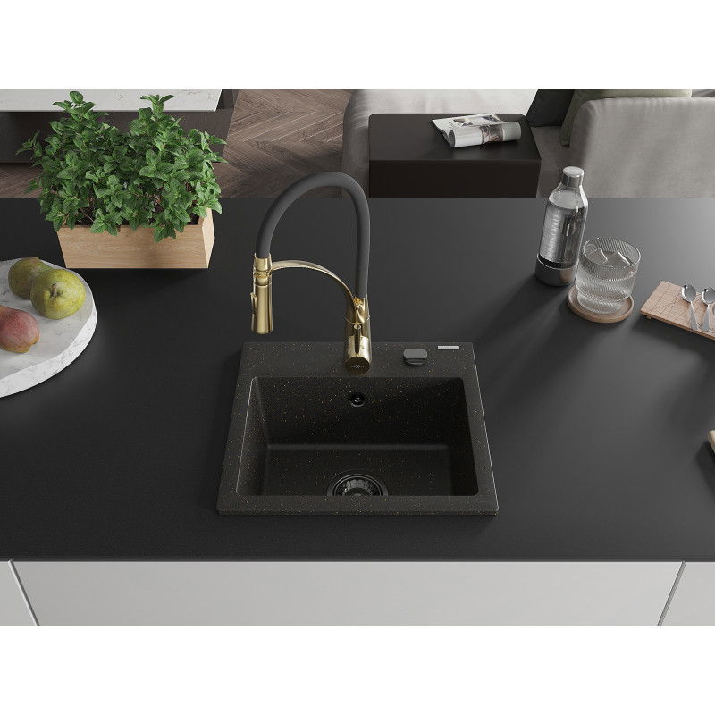 Mexen Milo granite kitchen sink 1-bowl with Aster kitchen tap, black/gold metallic - 6505-75-73450-57-B