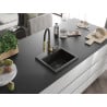 Mexen Milo 1-bowl granite kitchen sink with Aster kitchen faucet, black/gold metallic - 6505-75-73450-57-B