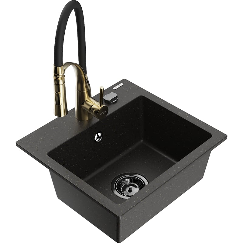 Mexen Milo 1-bowl granite kitchen sink with Aster kitchen faucet, black/gold metallic - 6505-75-73450-57-B