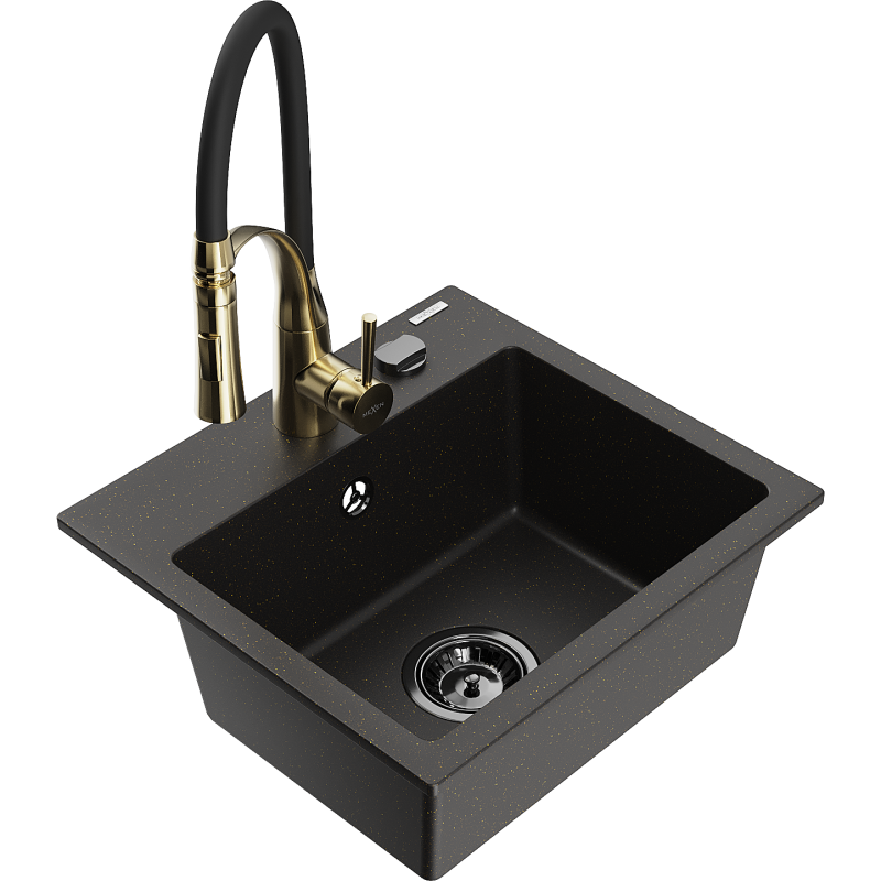 Mexen Milo granite kitchen sink 1-bowl with Aster kitchen tap, black/gold metallic - 6505-75-73450-57-B