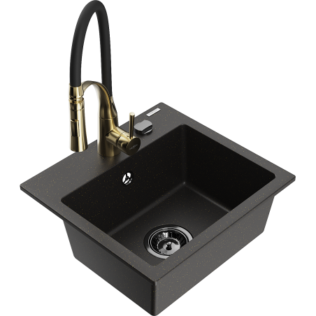 Mexen Milo 1-bowl granite kitchen sink with Aster kitchen faucet, black/gold metallic - 6505-75-73450-57-B