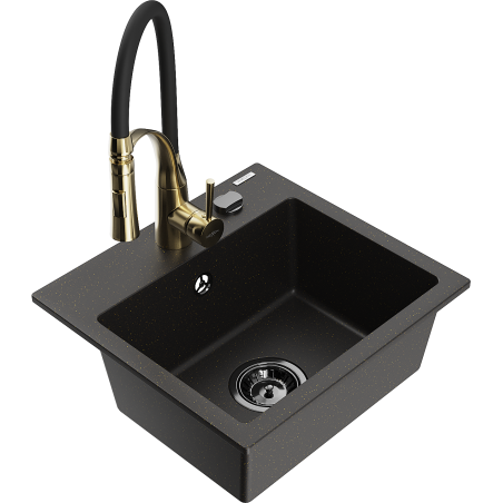 Mexen Milo granite kitchen sink 1-bowl with Aster kitchen tap, black/gold metallic - 6505-75-73450-57-B