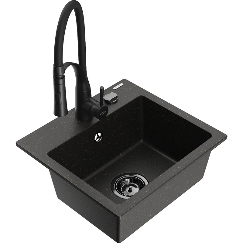 Mexen Milo granite kitchen sink 1-chamber with kitchen faucet Aster, black/gold metallic - 6505-75-73450-70-B
