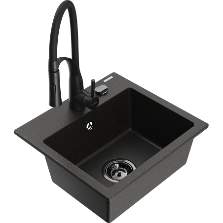 Mexen Milo 1-bowl granite sink with Aster kitchen faucet, black/gold metallic - 6505-75-73450-70-B